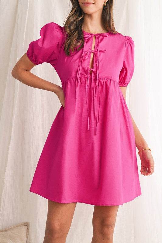 Bright Pink Tie Front Puff Sleeve Mini Dress - Shop Style & More | Fresh Looks, Everyday Deals & Free Shipping