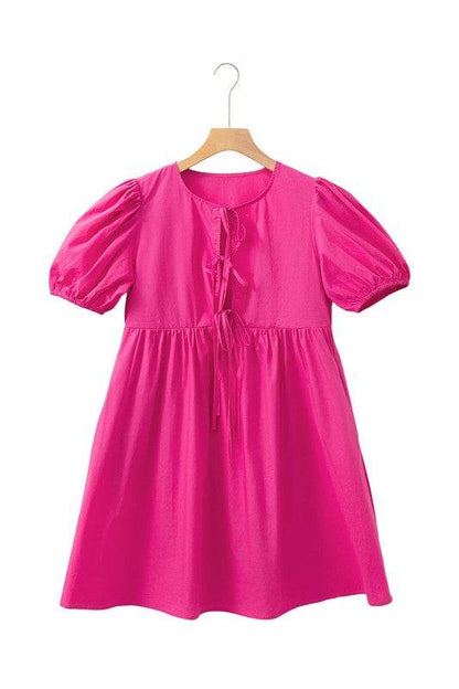 Bright Pink Tie Front Puff Sleeve Mini Dress - Shop Style & More | Fresh Looks, Everyday Deals & Free Shipping