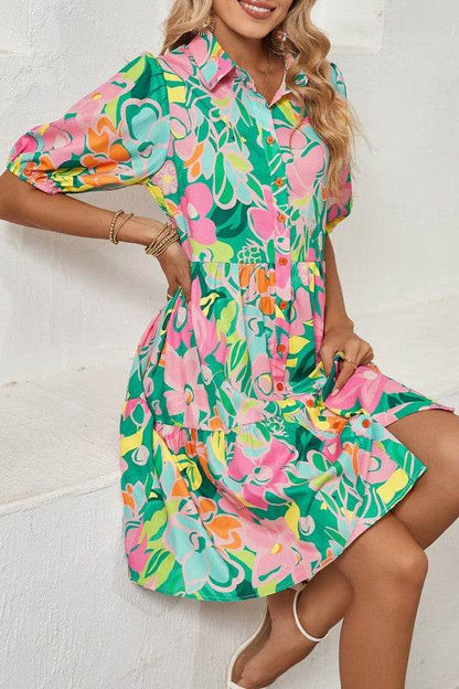Green Floral Puff Sleeve Buttoned Babydoll Dress - Shop Style & More | Fresh Looks, Everyday Deals & Free Shipping