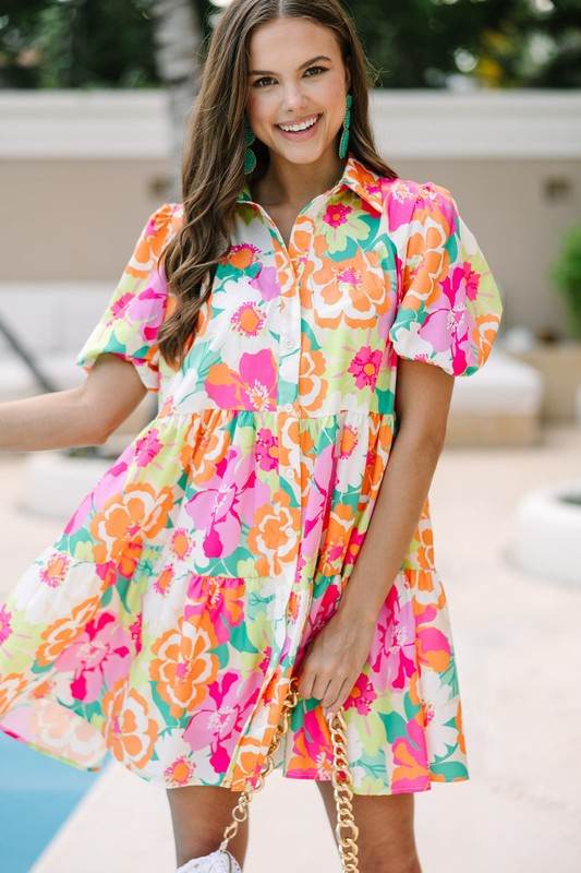 Green Floral Puff Sleeve Buttoned Babydoll Dress - Shop Style & More | Fresh Looks, Everyday Deals & Free Shipping