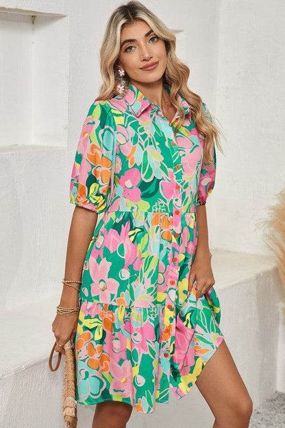 Green Floral Puff Sleeve Buttoned Babydoll Dress - Shop Style & More | Fresh Looks, Everyday Deals & Free Shipping