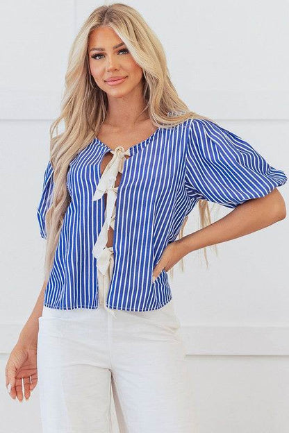 Blue Stripe Tied Front Puff Short Sleeve Blouse - Shop Style & More | Fresh Looks, Everyday Deals & Free Shipping
