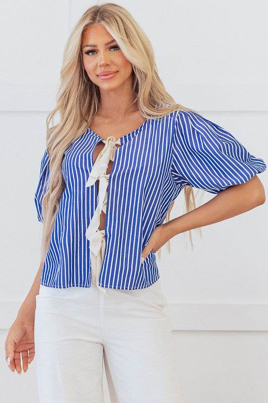 Blue Stripe Tied Front Puff Short Sleeve Blouse - Shop Style & More | Fresh Looks, Everyday Deals & Free Shipping