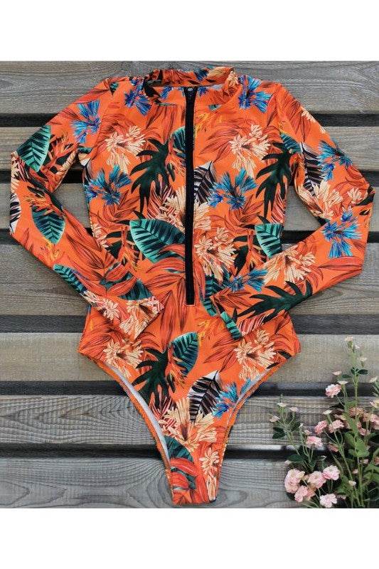 Leaf Floral Print Front Zip Long Sleeve Rash Guard - Shop Style & More | Fresh Looks, Everyday Deals & Free Shipping
