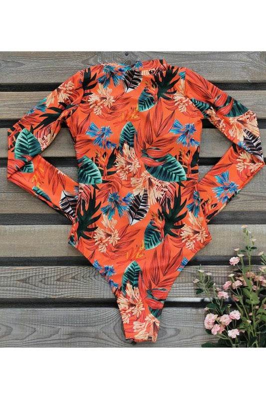Leaf Floral Print Front Zip Long Sleeve Rash Guard - Shop Style & More | Fresh Looks, Everyday Deals & Free Shipping