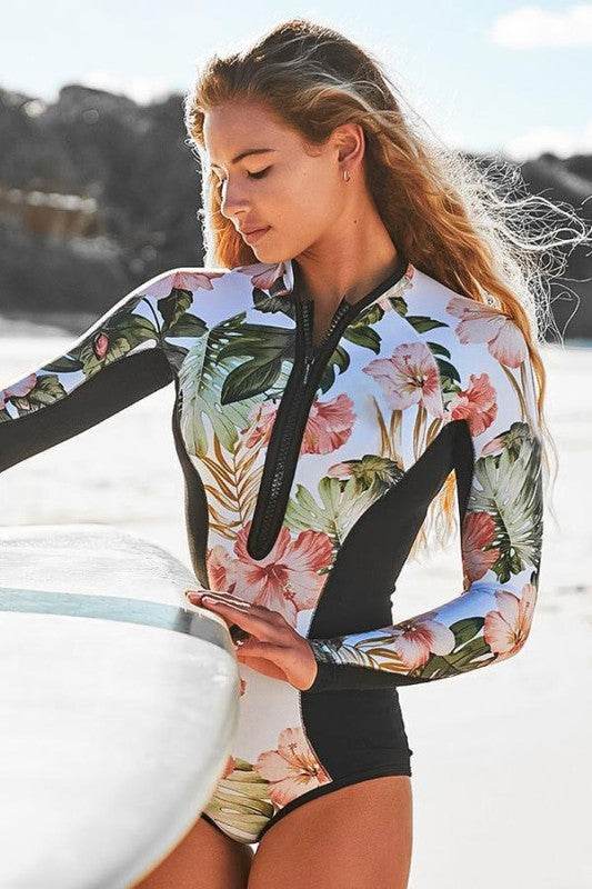 Palm Leaf Print Long Sleeve Zip UPF50 Rash Guard - Shop Style & More | Fresh Looks, Everyday Deals & Free Shipping