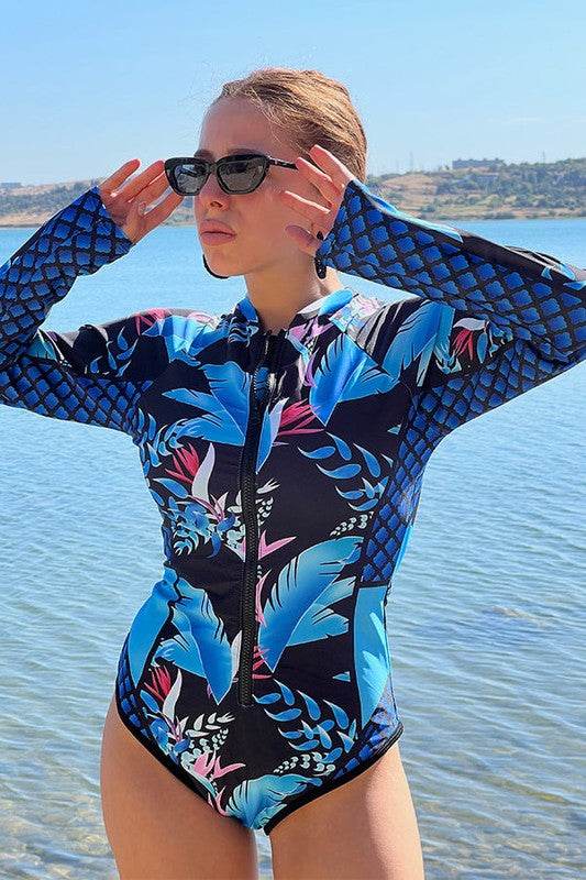 Leaf Printed Long Sleeve Half Zip UPF50 Rash Guard - Shop Style & More | Fresh Looks, Everyday Deals & Free Shipping