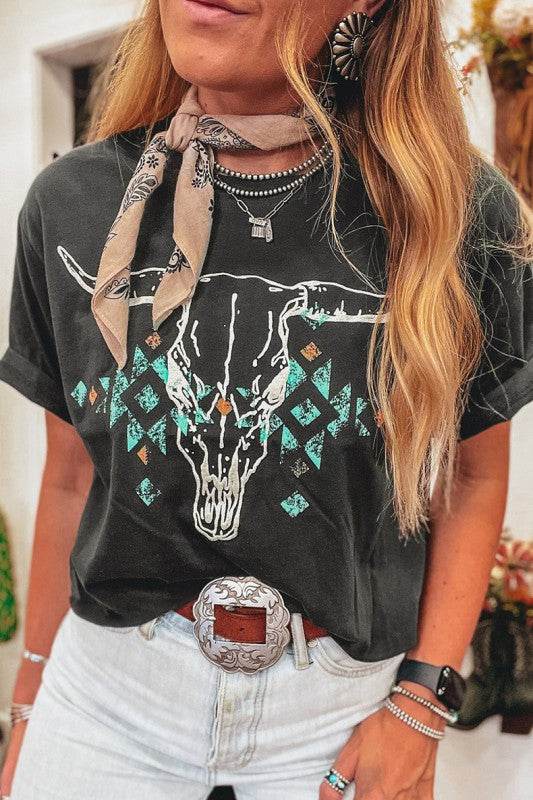 Bull Head Skull Turquoise Aztec Graphic T Shirt - Shop Style & More | Fresh Looks, Everyday Deals & Free Shipping