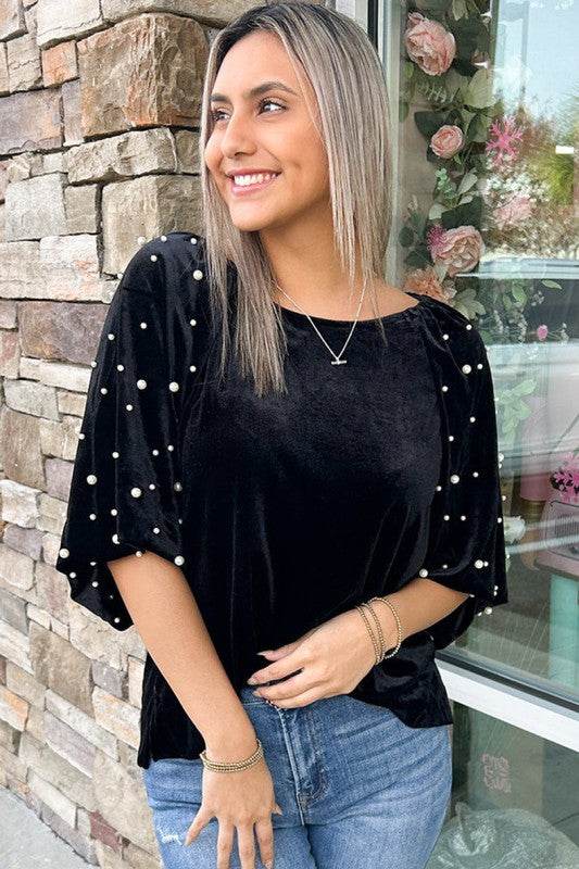 Black Pearl Beaded Half Sleeve Velvet Top - Shop Style & More | Fresh Looks, Everyday Deals & Free Shipping