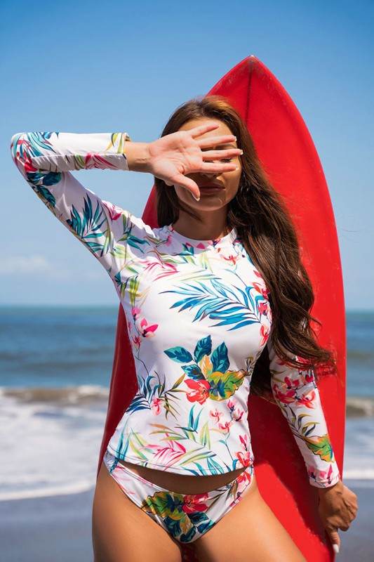 Floral Print Split Pullover Long Sleeve Rash Guard - Shop Style & More | Fresh Looks, Everyday Deals & Free Shipping