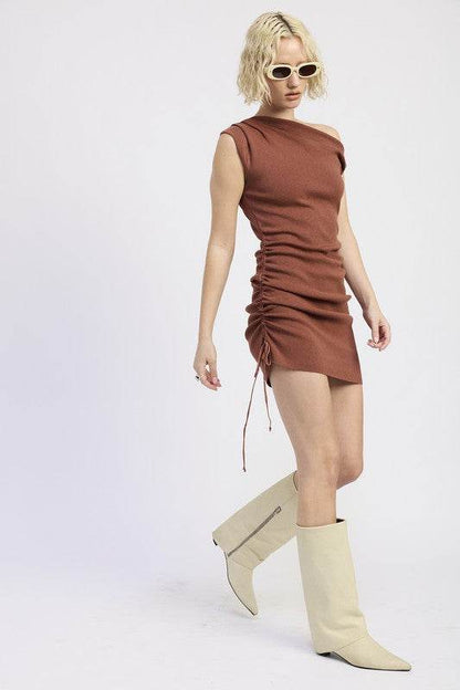 OFF SHOULDER MINI DRESS WITH DRAWSTRINGS - Shop Style & More | Fresh Looks, Everyday Deals & Free Shipping