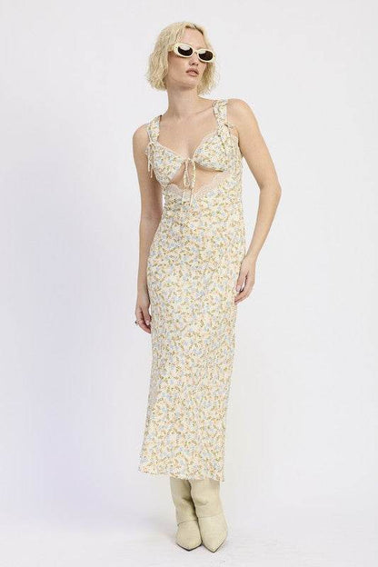 DITSY PRINT MIDI DRESS WITH CUTOUT AND LACE TRIM - Shop Style & More | Fresh Looks, Everyday Deals & Free Shipping