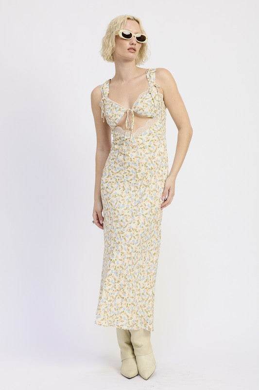 DITSY PRINT MIDI DRESS WITH CUTOUT AND LACE TRIM - Shop Style & More | Fresh Looks, Everyday Deals & Free Shipping