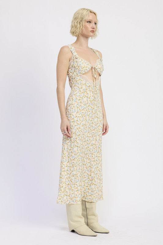 DITSY PRINT MIDI DRESS WITH CUTOUT AND LACE TRIM - Shop Style & More | Fresh Looks, Everyday Deals & Free Shipping
