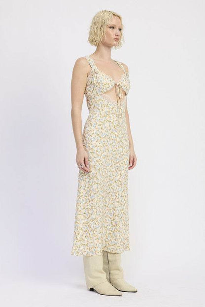 DITSY PRINT MIDI DRESS WITH CUTOUT AND LACE TRIM - Shop Style & More | Fresh Looks, Everyday Deals & Free Shipping