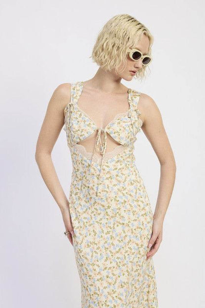 DITSY PRINT MIDI DRESS WITH CUTOUT AND LACE TRIM - Shop Style & More | Fresh Looks, Everyday Deals & Free Shipping