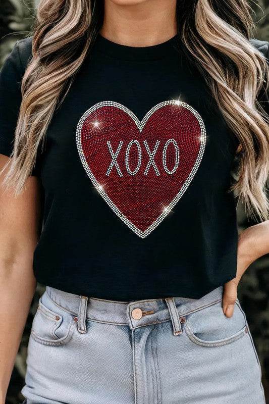 Black Rhinestone XOXO Heart Graphic Crewneck Tee - Shop Style & More | Fresh Looks, Everyday Deals & Free Shipping
