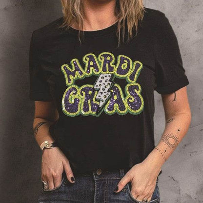 Mardi Gras Pattern Crew Neck Short Sleeve Top - Shop Style & More | Fresh Looks, Everyday Deals & Free Shipping