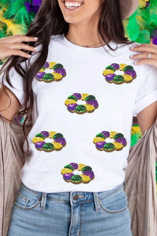 Mardi Gras Pattern Crew Neck Short Sleeve Top - Shop Style & More | Fresh Looks, Everyday Deals & Free Shipping