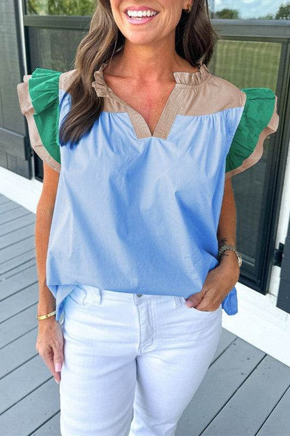 Colorblock Ruffled Sleeve Frill V Neck Blouse - Shop Style & More | Fresh Looks, Everyday Deals & Free Shipping