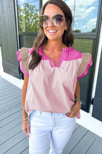 Colorblock Ruffled Sleeve Frill V Neck Blouse - Shop Style & More | Fresh Looks, Everyday Deals & Free Shipping