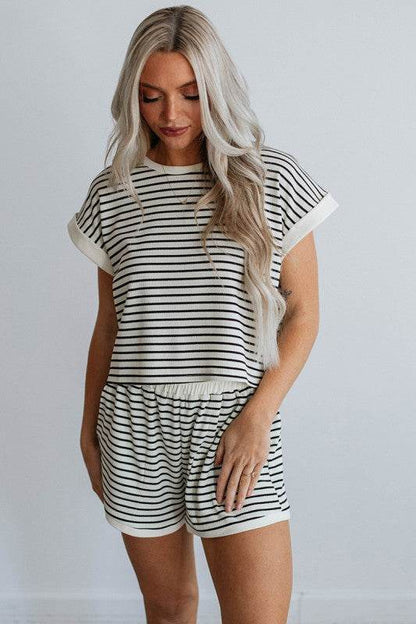 White Stripe Contrast Edge Tee and Shorts Set - Shop Style & More | Fresh Looks, Everyday Deals & Free Shipping