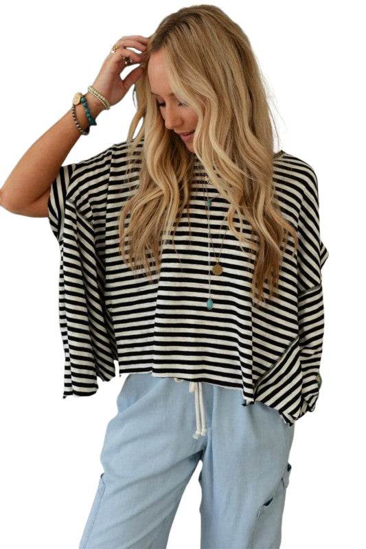 Cotton Black Striped Batwing Sleeve Oversized Top - Shop Style & More | Fresh Looks, Everyday Deals & Free Shipping