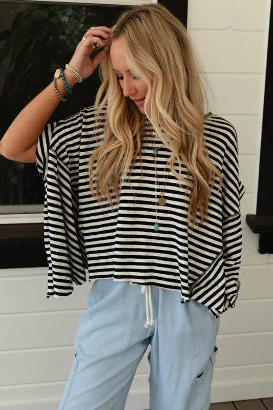Cotton Black Striped Batwing Sleeve Oversized Top - Shop Style & More | Fresh Looks, Everyday Deals & Free Shipping