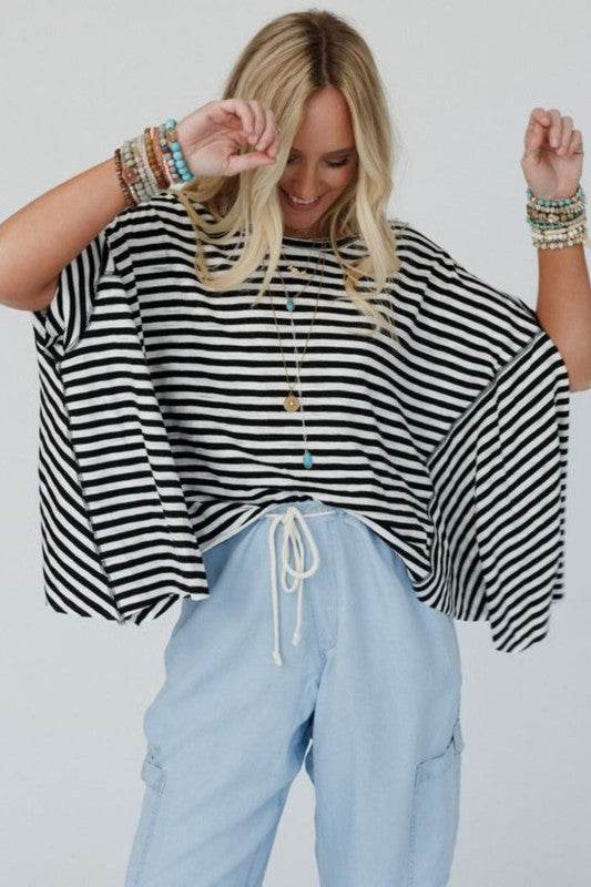 Cotton Black Striped Batwing Sleeve Oversized Top - Shop Style & More | Fresh Looks, Everyday Deals & Free Shipping