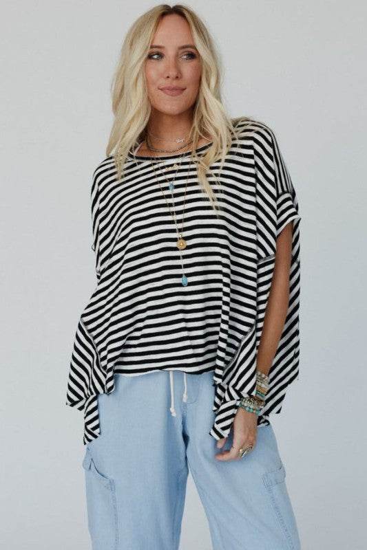 Cotton Black Striped Batwing Sleeve Oversized Top - Shop Style & More | Fresh Looks, Everyday Deals & Free Shipping