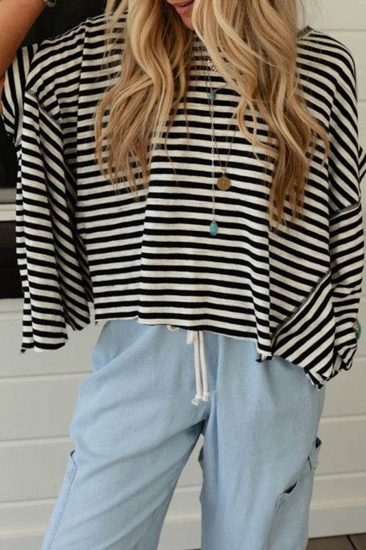 Cotton Black Striped Batwing Sleeve Oversized Top - Shop Style & More | Fresh Looks, Everyday Deals & Free Shipping