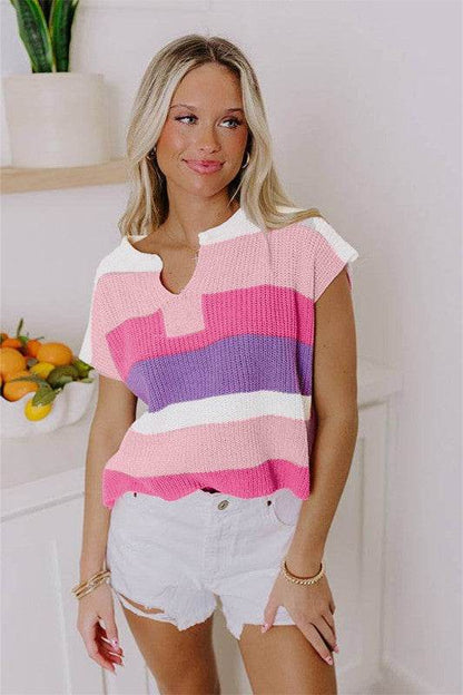 Multicolour Colorblock Notch V Neck Knit T Shirt - Shop Style & More | Fresh Looks, Everyday Deals & Free Shipping