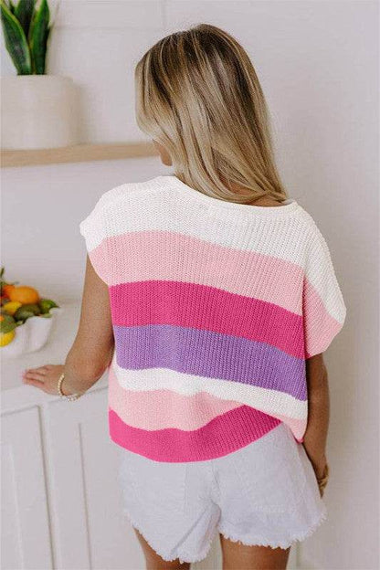 Multicolour Colorblock Notch V Neck Knit T Shirt - Shop Style & More | Fresh Looks, Everyday Deals & Free Shipping