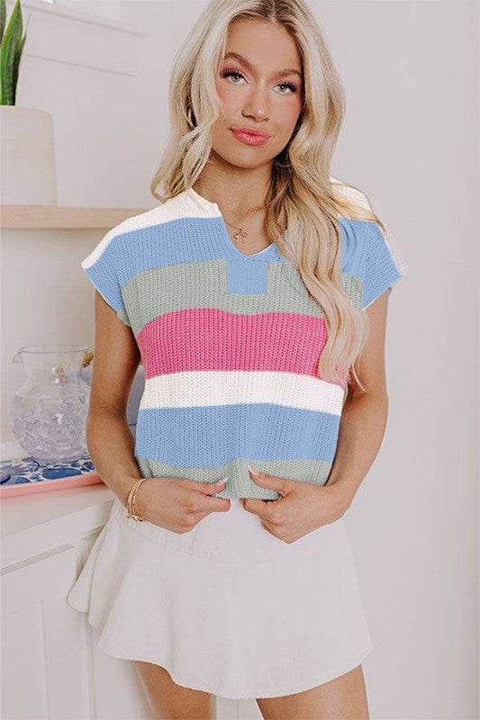 Multicolour Colorblock Notch V Neck Knit T Shirt - Shop Style & More | Fresh Looks, Everyday Deals & Free Shipping