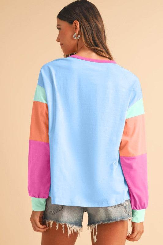 Dark Blue Color Block Sleeve Loose Fit Top - Shop Style & More | Fresh Looks, Everyday Deals & Free Shipping