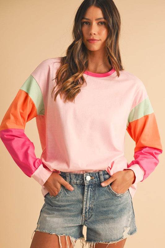 Dark Blue Color Block Sleeve Loose Fit Top - Shop Style & More | Fresh Looks, Everyday Deals & Free Shipping