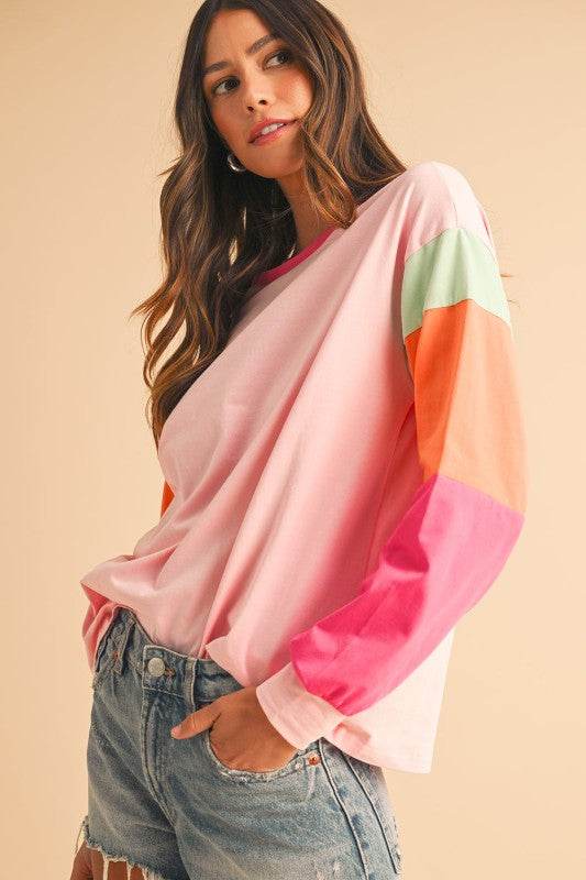 Dark Blue Color Block Sleeve Loose Fit Top - Shop Style & More | Fresh Looks, Everyday Deals & Free Shipping