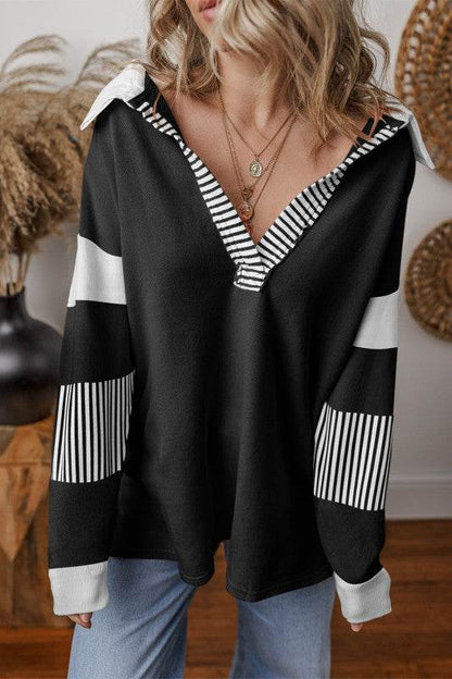 Black Striped Patchwork Collar Sweatshirt - Shop Style & More | Fresh Looks, Everyday Deals & Free Shipping