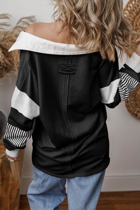 Black Striped Patchwork Collar Sweatshirt - Shop Style & More | Fresh Looks, Everyday Deals & Free Shipping