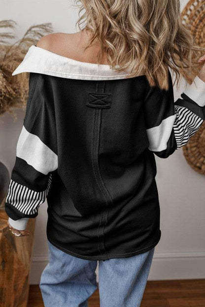 Black Striped Patchwork Collar Sweatshirt - Shop Style & More | Fresh Looks, Everyday Deals & Free Shipping