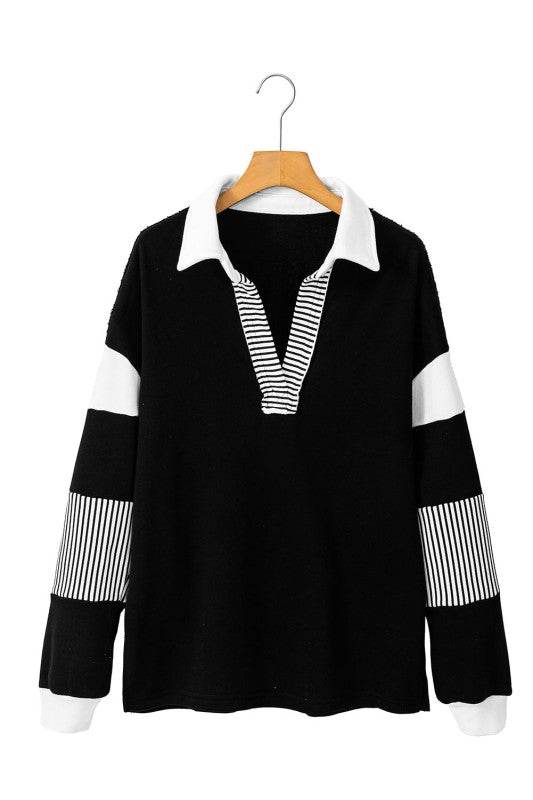 Black Striped Patchwork Collar Sweatshirt - Shop Style & More | Fresh Looks, Everyday Deals & Free Shipping