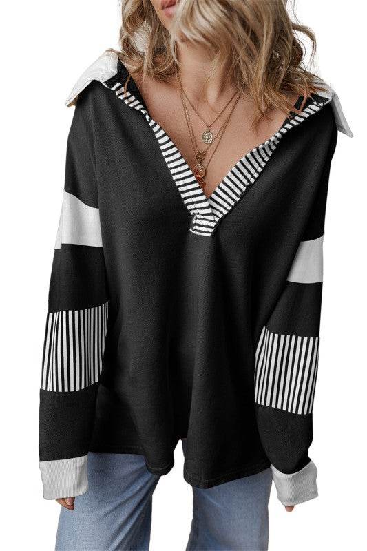 Black Striped Patchwork Collar Sweatshirt - Shop Style & More | Fresh Looks, Everyday Deals & Free Shipping
