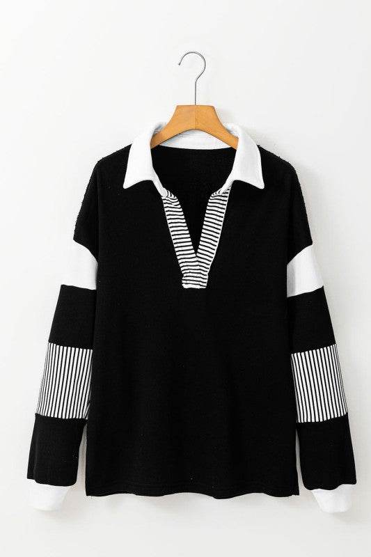 Black Striped Patchwork Collar Sweatshirt - Shop Style & More | Fresh Looks, Everyday Deals & Free Shipping