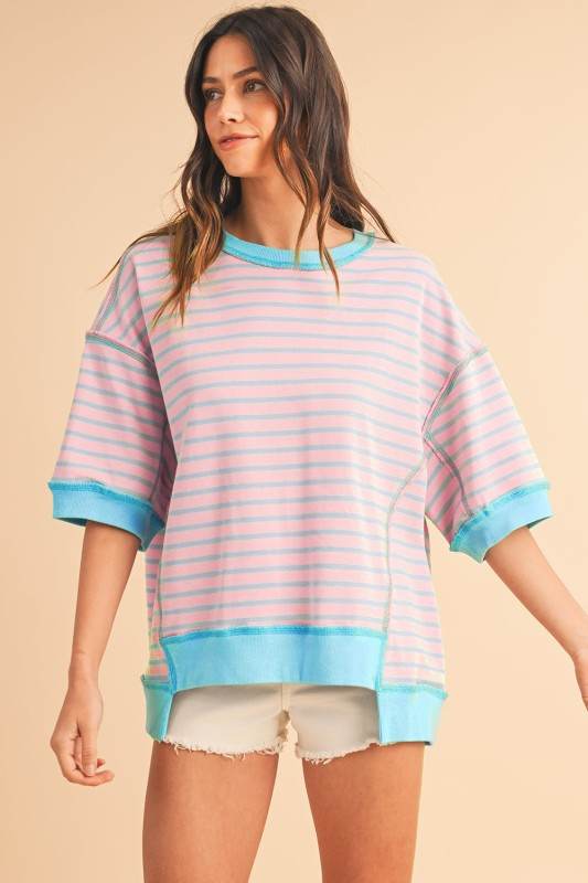 Pink Stripe mint half sleeve sweatshirt - Shop Style & More | Fresh Looks, Everyday Deals & Free Shipping