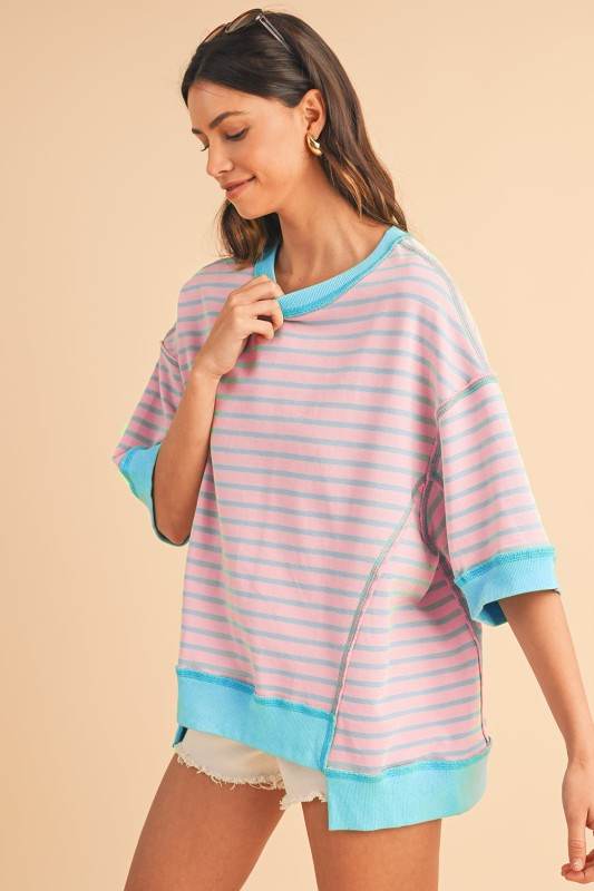 Pink Stripe mint half sleeve sweatshirt - Shop Style & More | Fresh Looks, Everyday Deals & Free Shipping