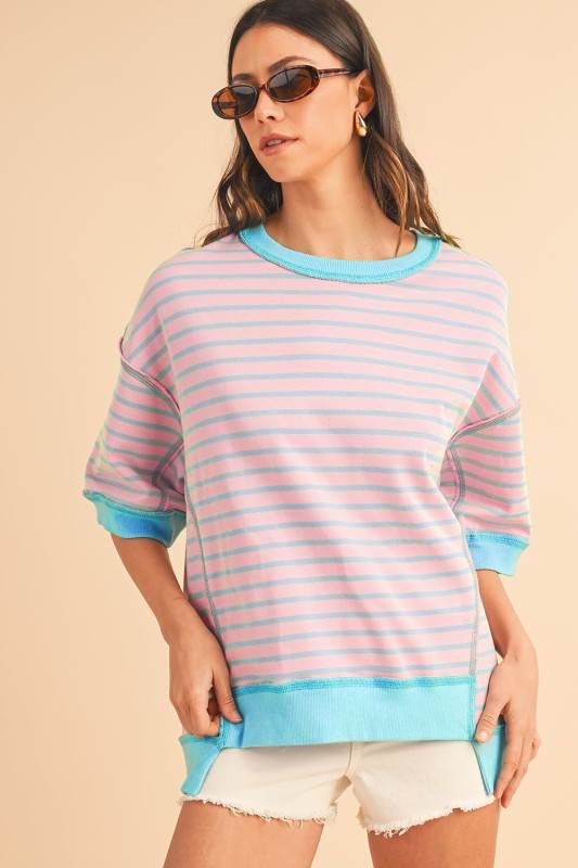 Pink Stripe mint half sleeve sweatshirt - Shop Style & More | Fresh Looks, Everyday Deals & Free Shipping