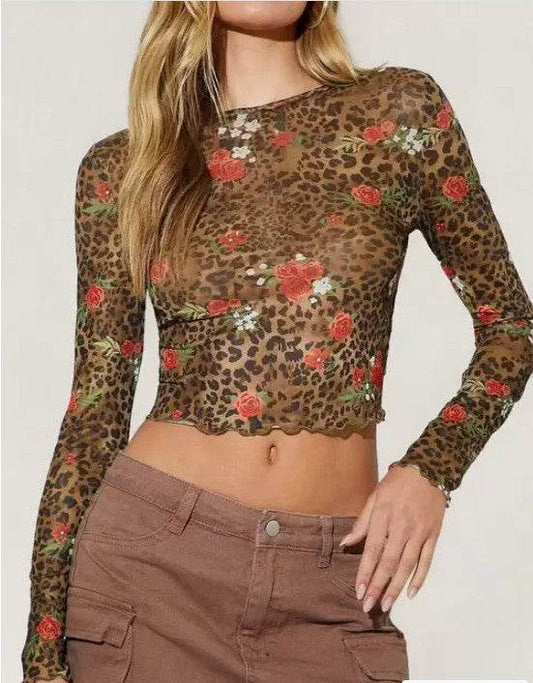 Cropped mesh ruffle hem floral leopard top - Shop Style & More | Fresh Looks, Everyday Deals & Free Shipping