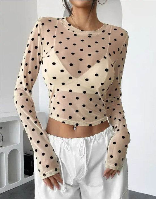 Mesh polka dot long sleeve cropped top - Shop Style & More | Fresh Looks, Everyday Deals & Free Shipping