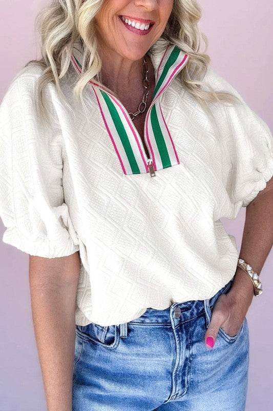 Striped Collar Patchwork Half Sleeve Blouse - Shop Style & More | Fresh Looks, Everyday Deals & Free Shipping