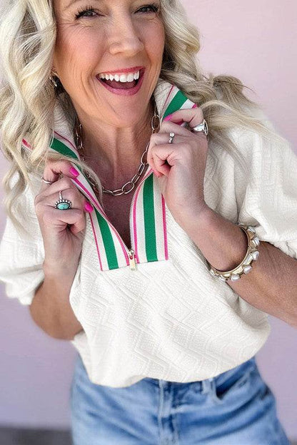 Striped Collar Patchwork Half Sleeve Blouse - Shop Style & More | Fresh Looks, Everyday Deals & Free Shipping